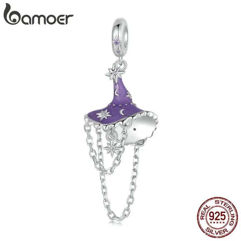 BAMOER Solid 925 Sterling Silver Luminous Witch Hat Charm Beads fit Original Bracelet & Necklaces Halloween Jewelry DIY SCC2894