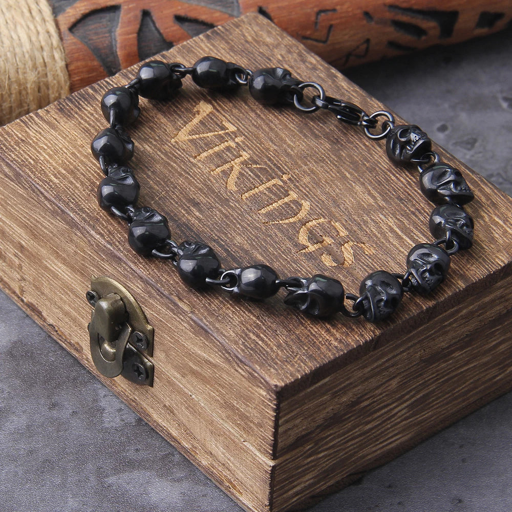 Gun Black Vintage full Stainless Steel Skull Beaded Skull Bracelet for Men Bracelets Gothic packing by wooden box as gift