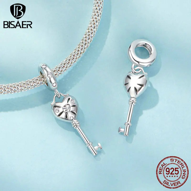 BISAER 925 Sterling Silver Guardian Angel Charm Bead Tulip Heart Key Bow Stopper Pendant Fit Women DIY Bracelet Jewelry Gift