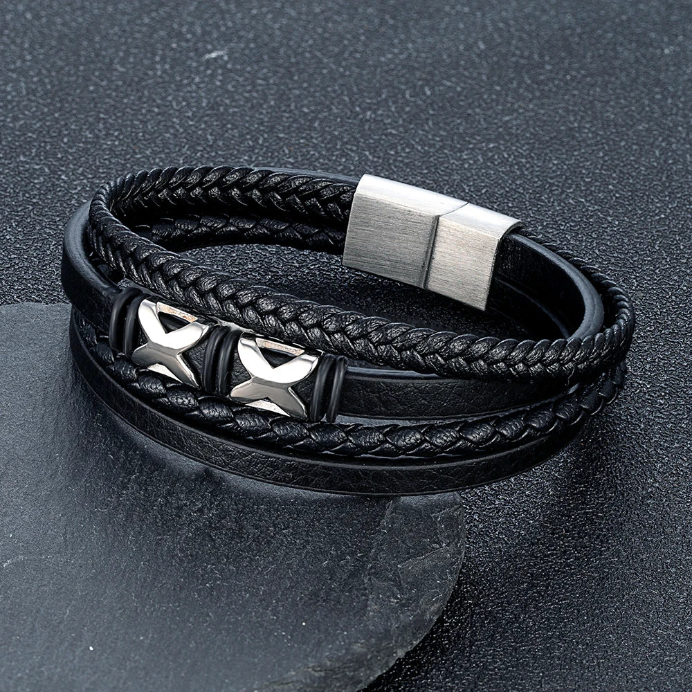 MKENDN Simple Style Men's Black Genuine Leather Bracelet Classic Stainless Steel Insert Double-X Braid Bangles For Men Gifts