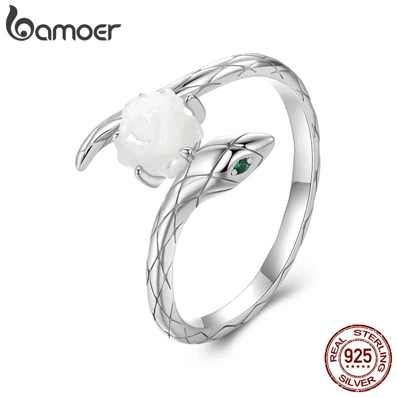 Bague ajustable BAMOER en argent sterling 925 massif avec motif de rose et de serpent, bijoux rétro à motif de fleurs, cadeau d'anniversaire de Noël pour femme