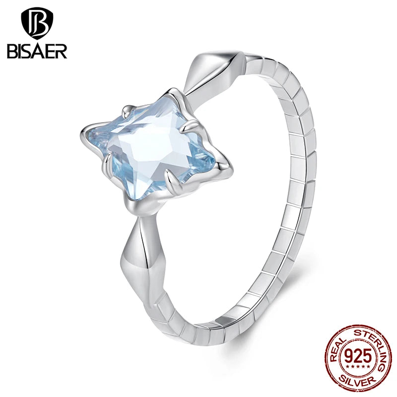 BISAER 925 Sterling Silver Blue Starburst Ring Square Statement Ring Plated White Gold for Elegant Women Party Fine Jewelry