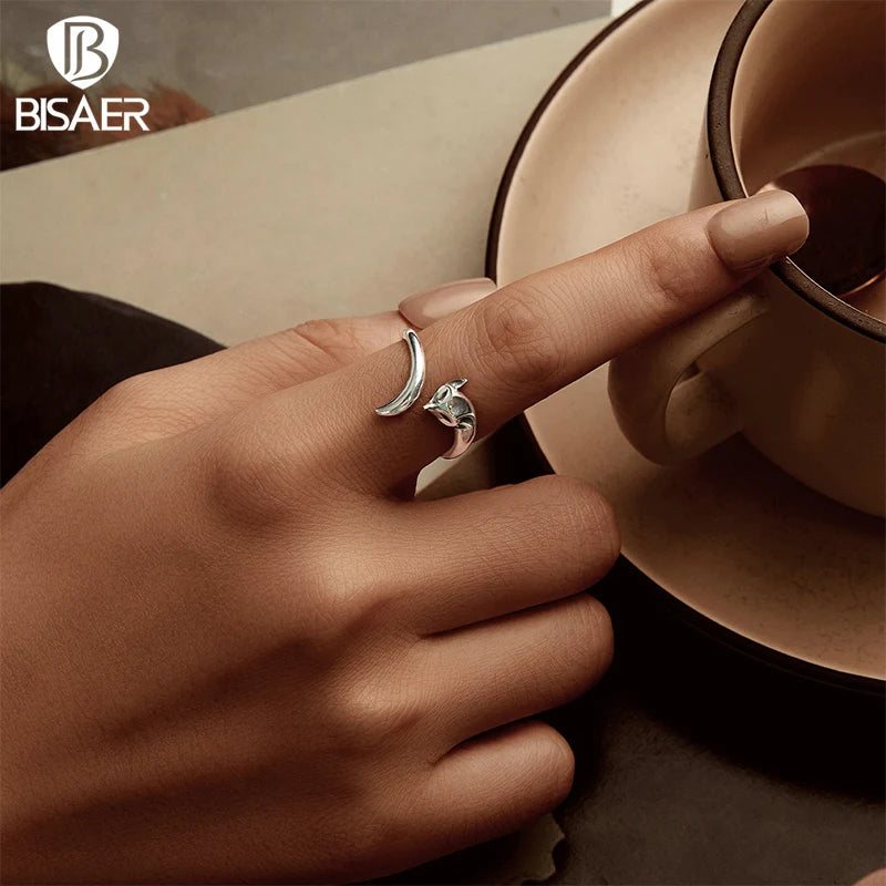 BISAER 925 Sterling Silver Cute Fox Open Ring Smart Animals Band Adjustable Size 5-9 for Women Party Fine Jewelry ECR1066