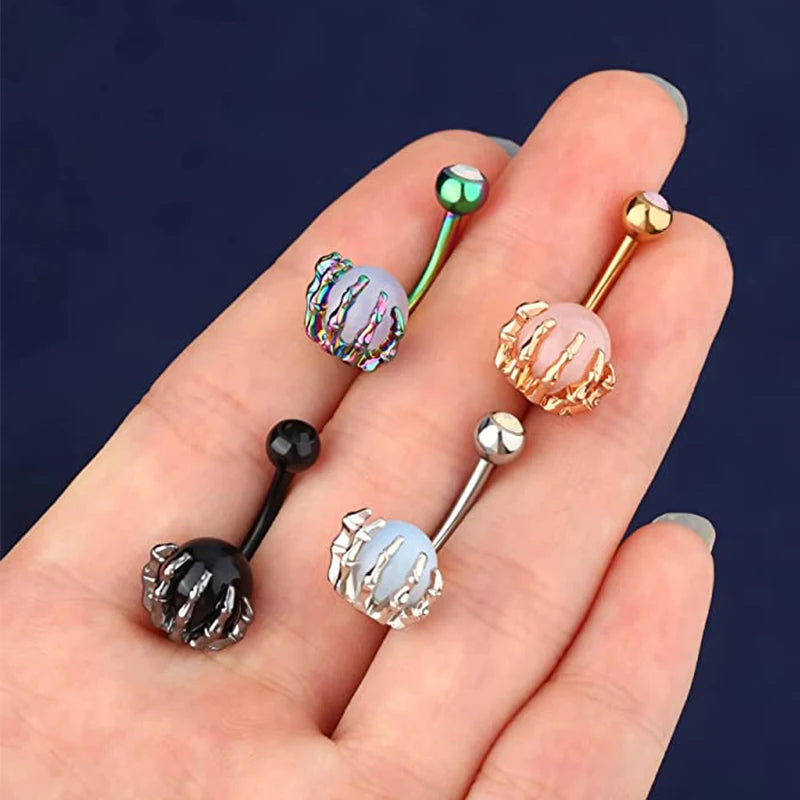 1pc Skeleton Hand Holding Stone Ball Belly Button Rings Piercing Umbigo Stainless Steel Claw Navel Rings Skull Hand Belly Ring