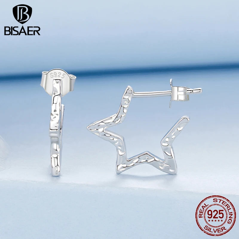 BISAER Real 925 Sterling Silver Simple Star Stud Earrings Plated White Gold For Women Party Original Fine Jewelry Gift EFE1109