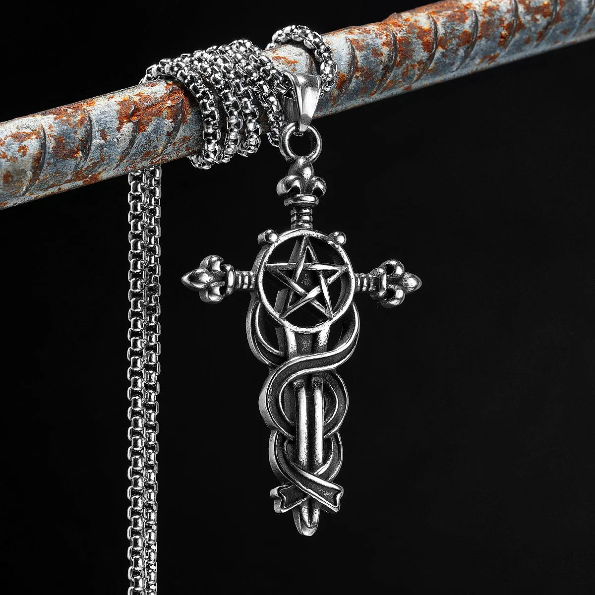 Serpentine Cross Pendants Retro Star Necklace 316L Stainless Steel Men Chains Rock Party Jewelry Gift for Male Friends Wholesale