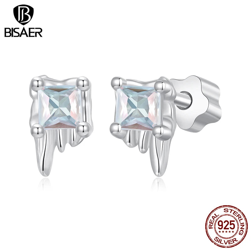 BISAER Real 925 Sterling Silver Ice Cube Cube Stud Earrings Sparkling Zircon Stud Ear For Women Party Original Fine Jewelry Gift