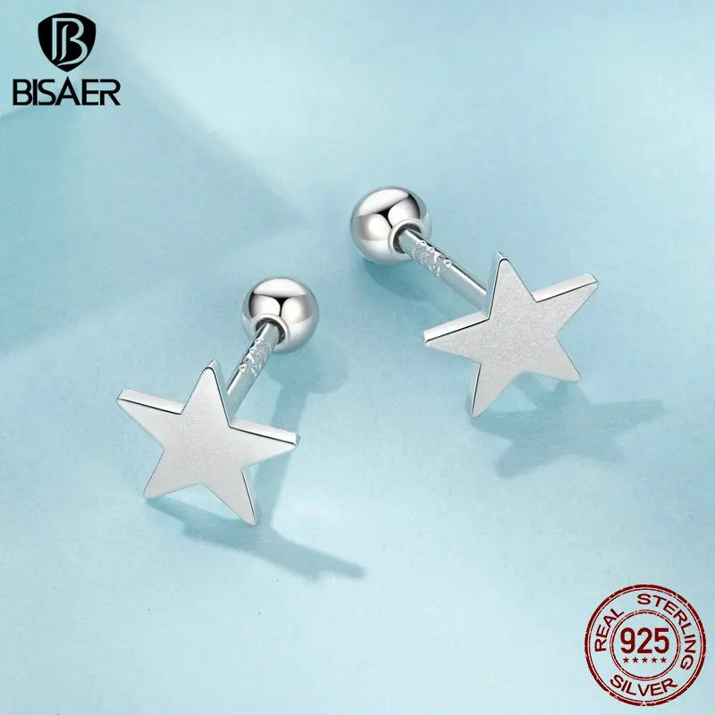 Boucles d'oreilles à tige rondes en argent sterling 925 BISAER, simples étoiles, plaquées or blanc pour femme et fille, bijoux fins, cadeau de fête