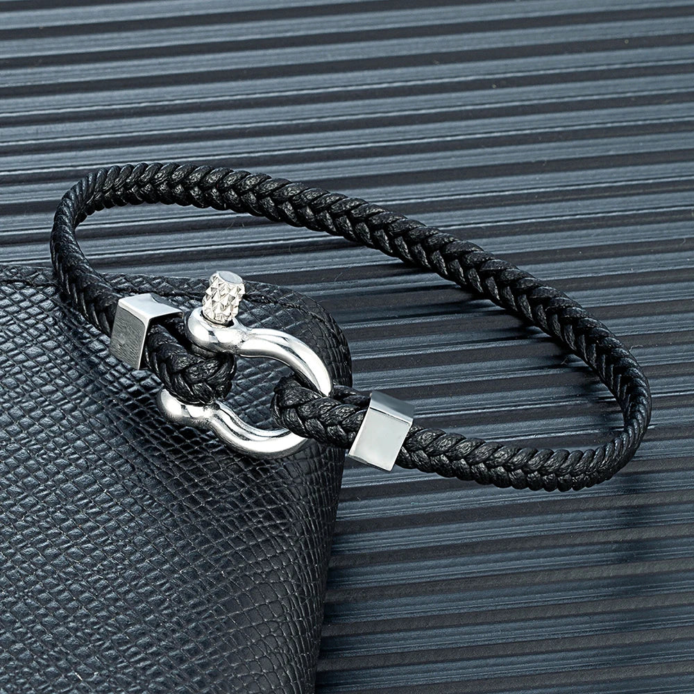 MKENDN Braided Leather Bracelet Men Women Stainless Steel Mini Horseshoe Shackle with Screws Bracelets For Boater Surfer Jewelry