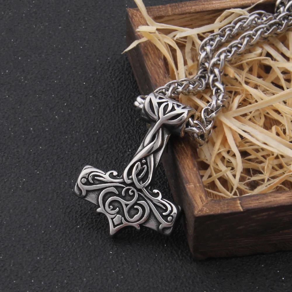 Fashion Valknut Viking Thor's Hammer Pendant Necklace With keel Chain As Men Gift with wooden box