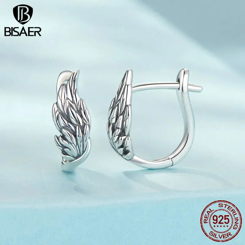 BISAER Boucles d'oreilles créoles en argent sterling 925 véritable avec ailes d'ange pour femmes, bijoux de fête, de mariage, de fien, cadeau ECE1795