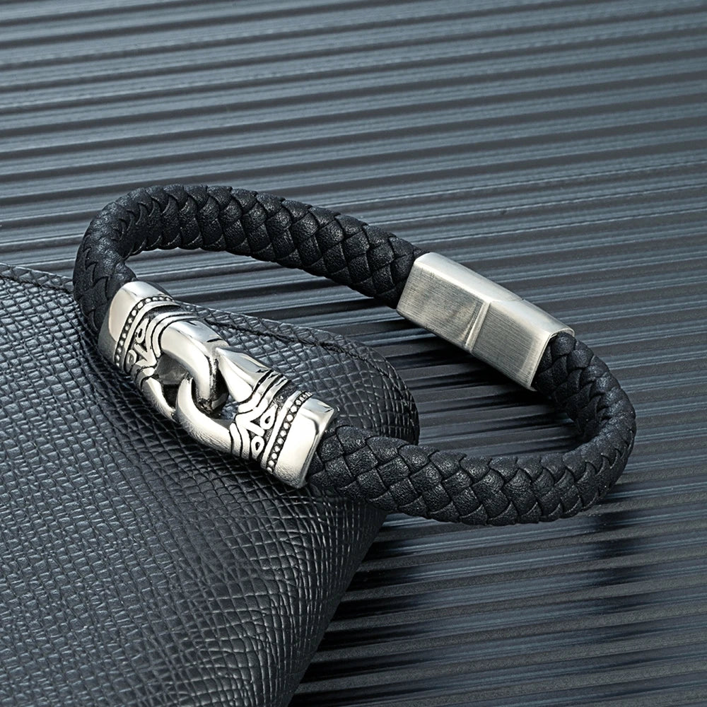 MKENDN Fashion Stainless Steel Magnetic Punk Rock Men Knot Bracelet Genuine Leather Braided Bangles Male Jewelry Accessories