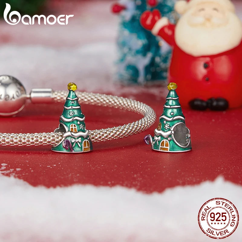 BAMOER 925 Argent Sterling Arbre De Noël Maison Charm Perle Fit Bracelet Original DIY Bamoer Charm pour la Fabrication De Bijoux Cadeau De Noël