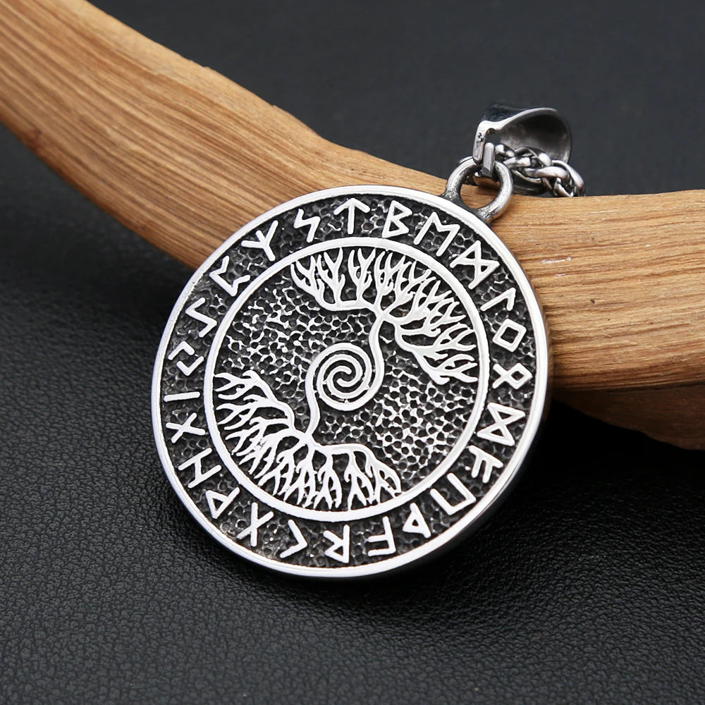 Classic Vintage Stainless Steel Viking Tree Of Life Necklace For Women Men Nordic Runes Pendant Amulet Scandinavian Jewelry Gift