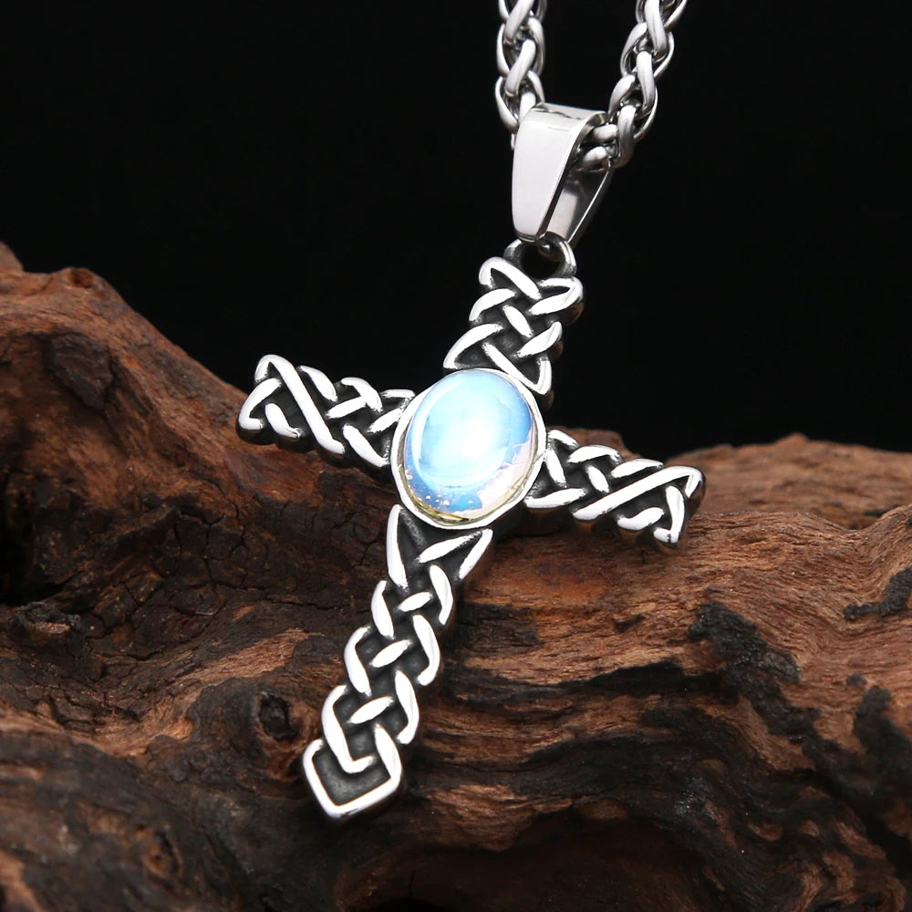 New Fashion Viking Celtics Knots Cross Pendant Necklace For Men Women Stainless Steel Gemstone Necklaces Nordic Amulet Jewelry