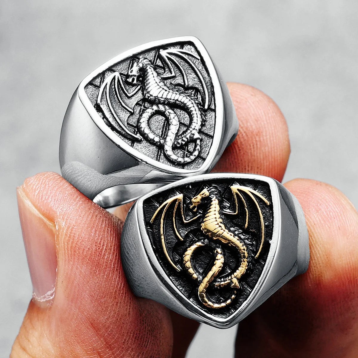 Bague Dragon Shield en acier inoxydable 316L pour homme, anneau rock punk, mythe nordique pour motard, bijoux pour petit ami, meilleur cadeau créatif et rétro