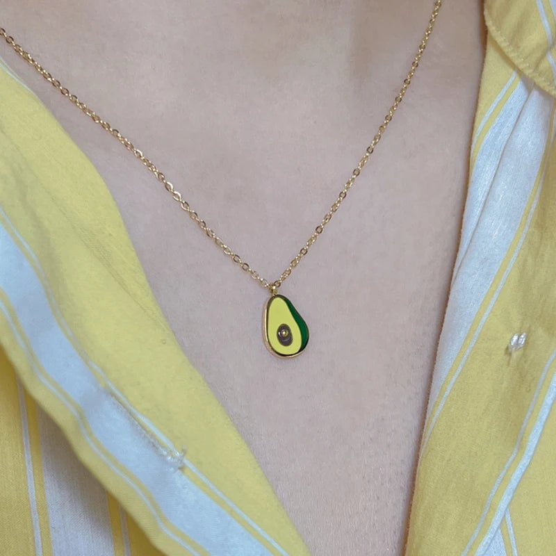 2022 Summer Waterproof Green Enamel Avocado Necklace for Girl Stainless Steel Gold Color Cute Fruit Pendant Collar Necklace Gift