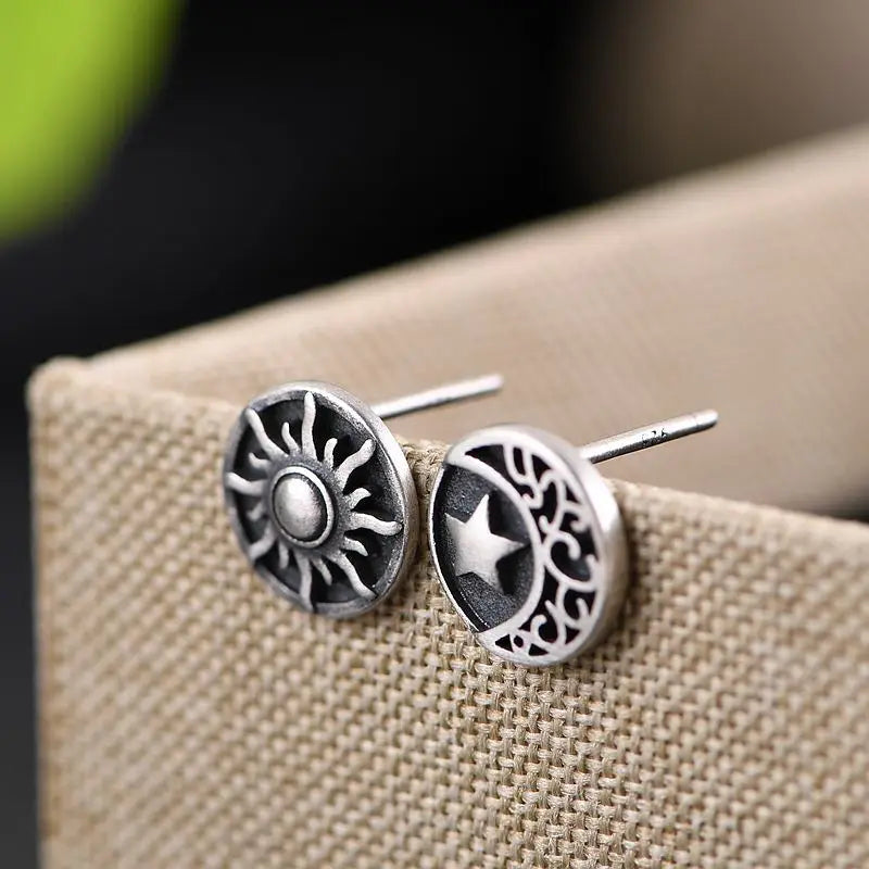 MKENDN 925 Sterling Silver Creative Retro Sun Moon Stud Earring Trendy Street Gothic Punk Style For Men Women Fine Jewelry