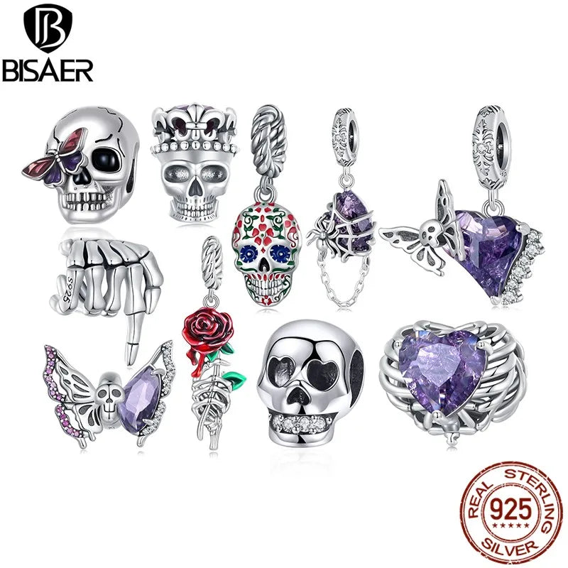 BISAER 925 Sterling Silver Retro Skull Hand Pendant Heart Butterfly Charm Bead for DIY Bracelets Fine Jewelry Halloween Jewelry