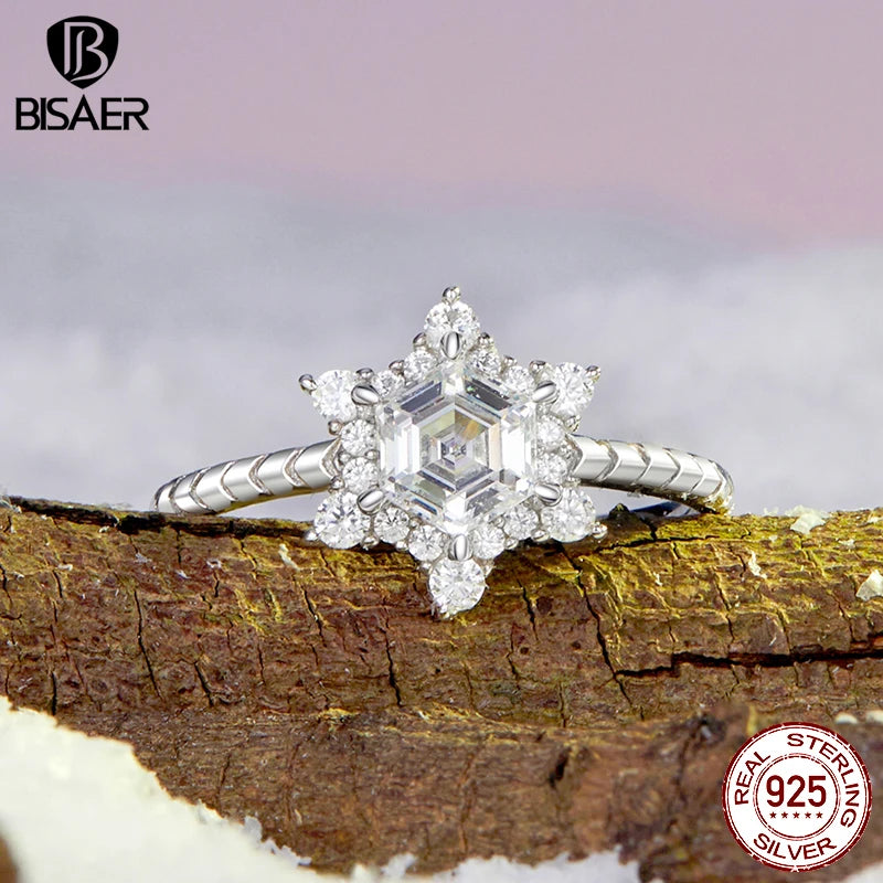 BISAER 925 Sterling Silver Ice Flower Ring Sparkling Zircon Finger Band Plated White Gold for Women Wedding Party Fine Jewelry