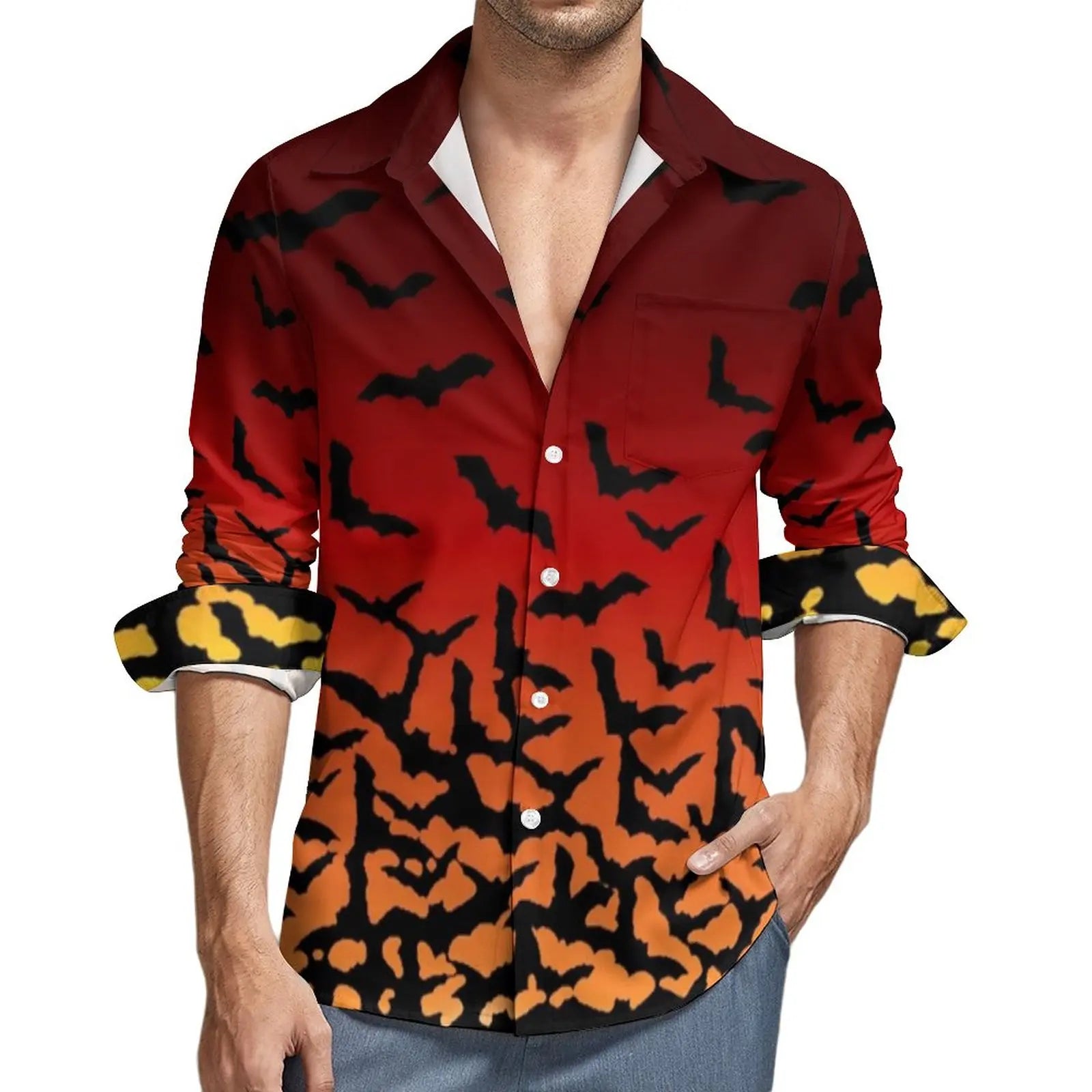 Purple Bats Print Shirt Autumn Black Halloween Casual Shirts Men Loose Blouses Long Sleeve Graphic Funny Clothing Plus Size