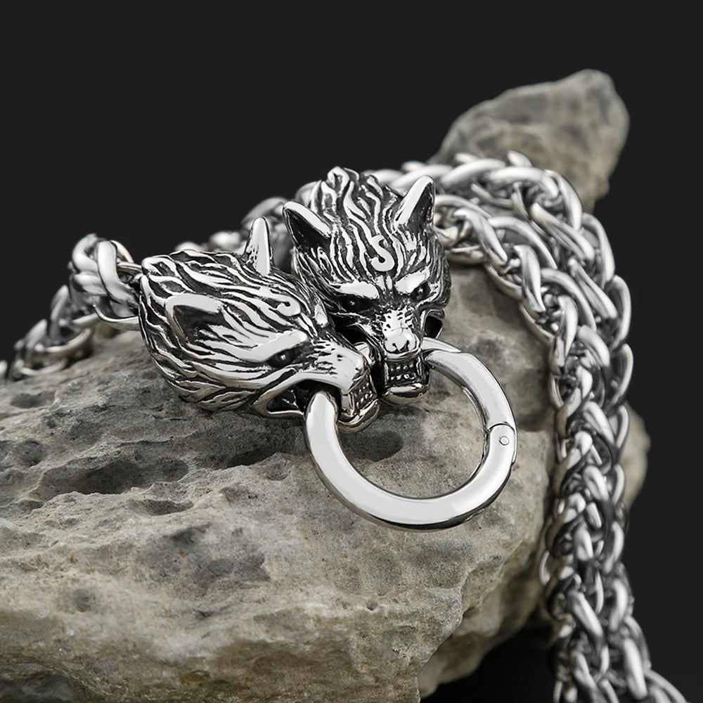 Vintage Double Wolf Head Chain Necklace Punk Fashion Stainless Steel Animal Necklaces Domineering Male Amulet Jewelry Wholesale