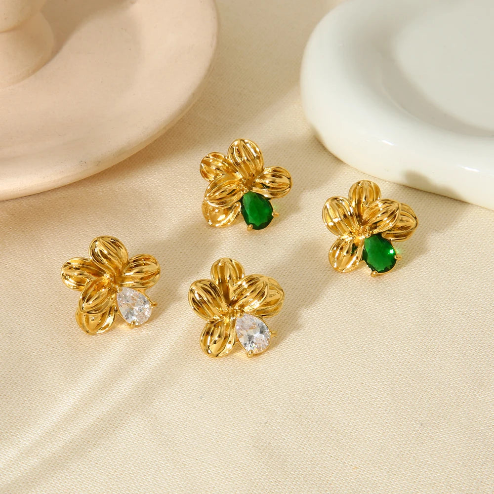 New Statement Metal Cubic Zirconia Flower Stud Earrings Gold Plated Stainless Steel Texture Fashion Chic Jewelry Gift бижутерия