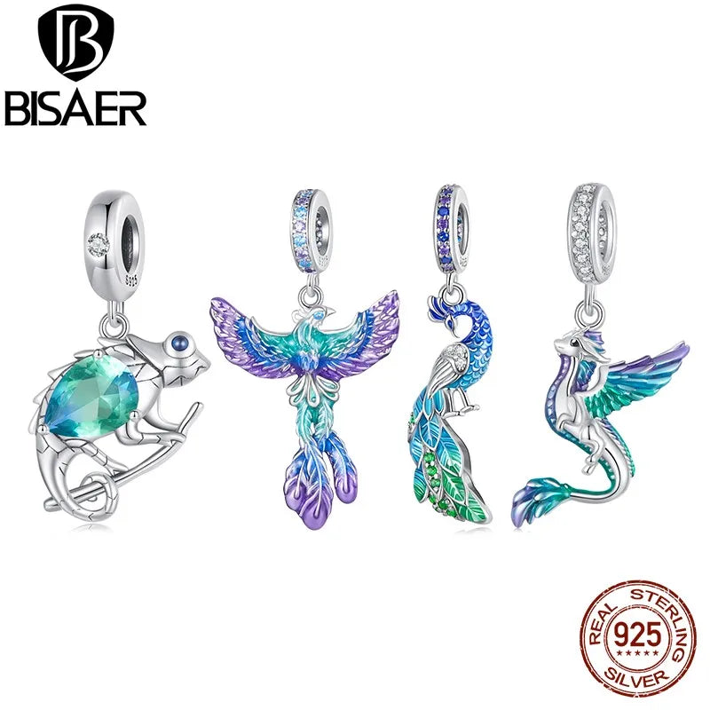 BISAER - Colgante con abalorio de fénix de plata de ley 925 auténtica, con forma de animal, proceso de esmalte degradado, apto para pulseras de mujer DIY, joyería fina