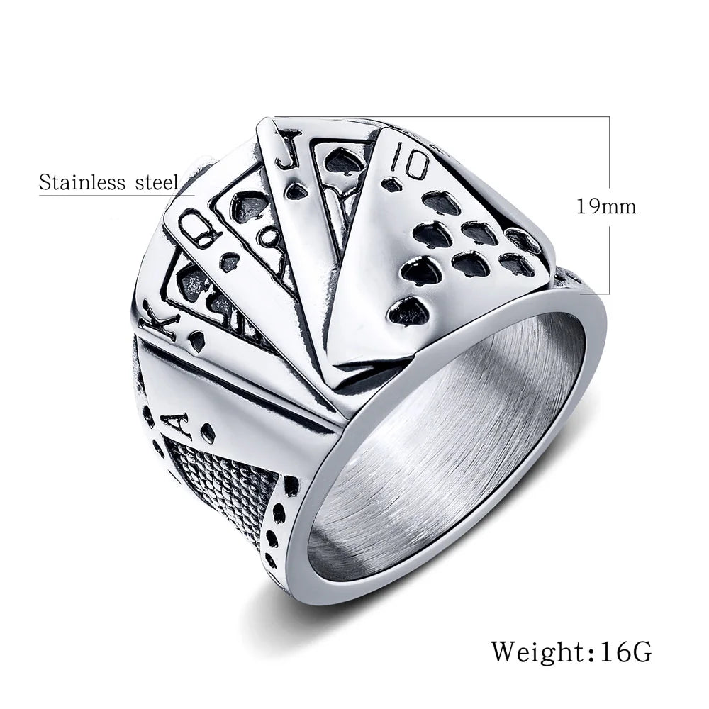 Lucky Poker Flush Ring Men Women Gold/Silver Color Stainless Steel Punk Biker Ring Hip Hop Playing Card Ring Magician Jewelry