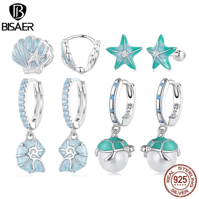 BISAER 925 Sterling Silver Blue Seashell Turtle Hoop Earrings Starfish Stud Earrings for Women Beach party Fine Jewelry Gift