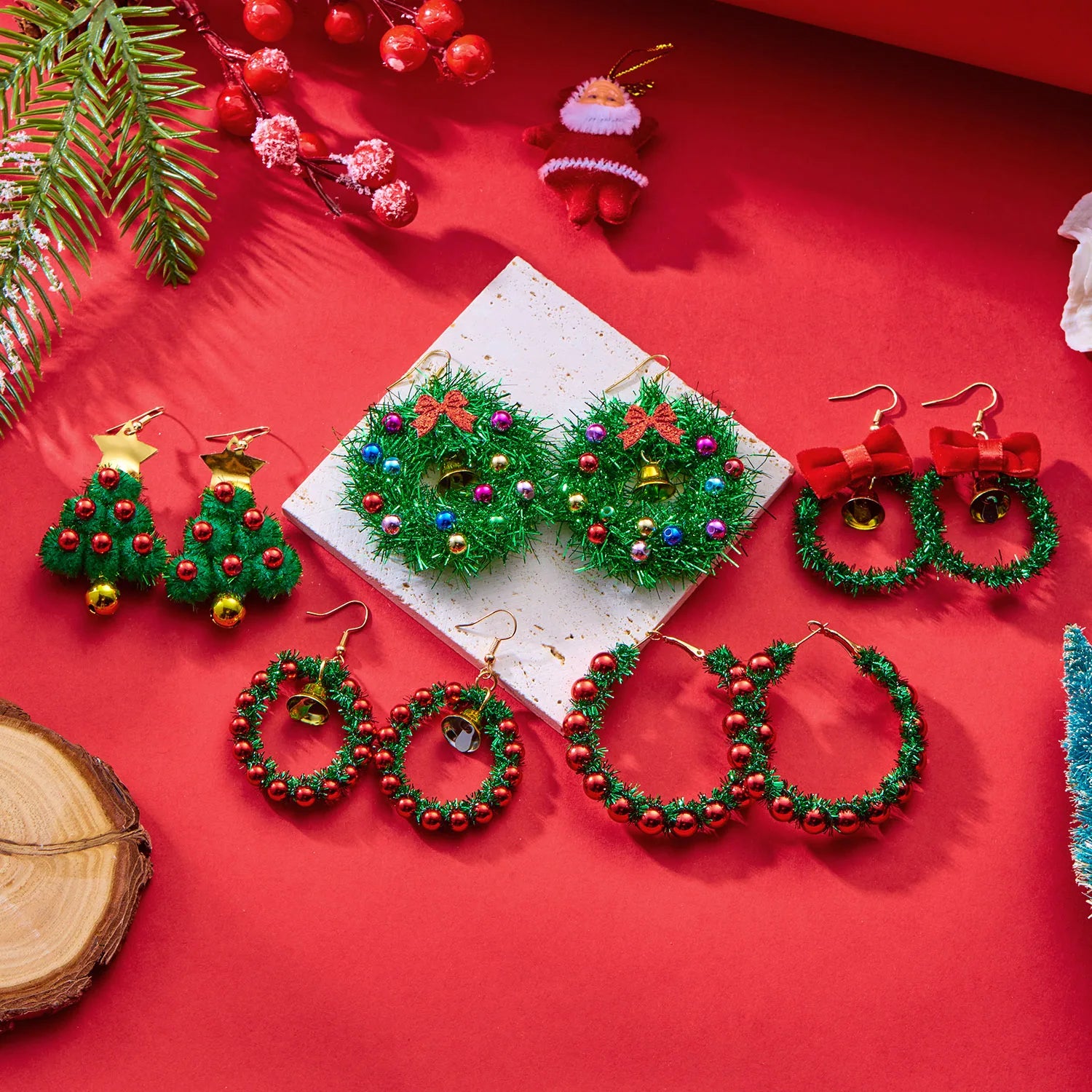 Fashion Red Green Xmas Stud Earrings Women Jewelry Christmas Tree Bell Wreath Star Bowknot Dangle Drop New Year Ear Gift Bijoux