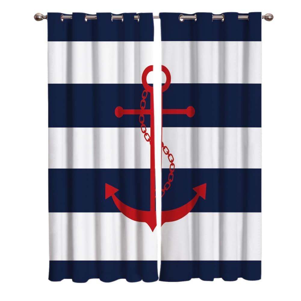 Anchor Handmade Curtains, outlets White Geometric Abstract Rope Palm Leaf Window Curtains, Nautical Adventure Theme Window Drapes, Navy Blue