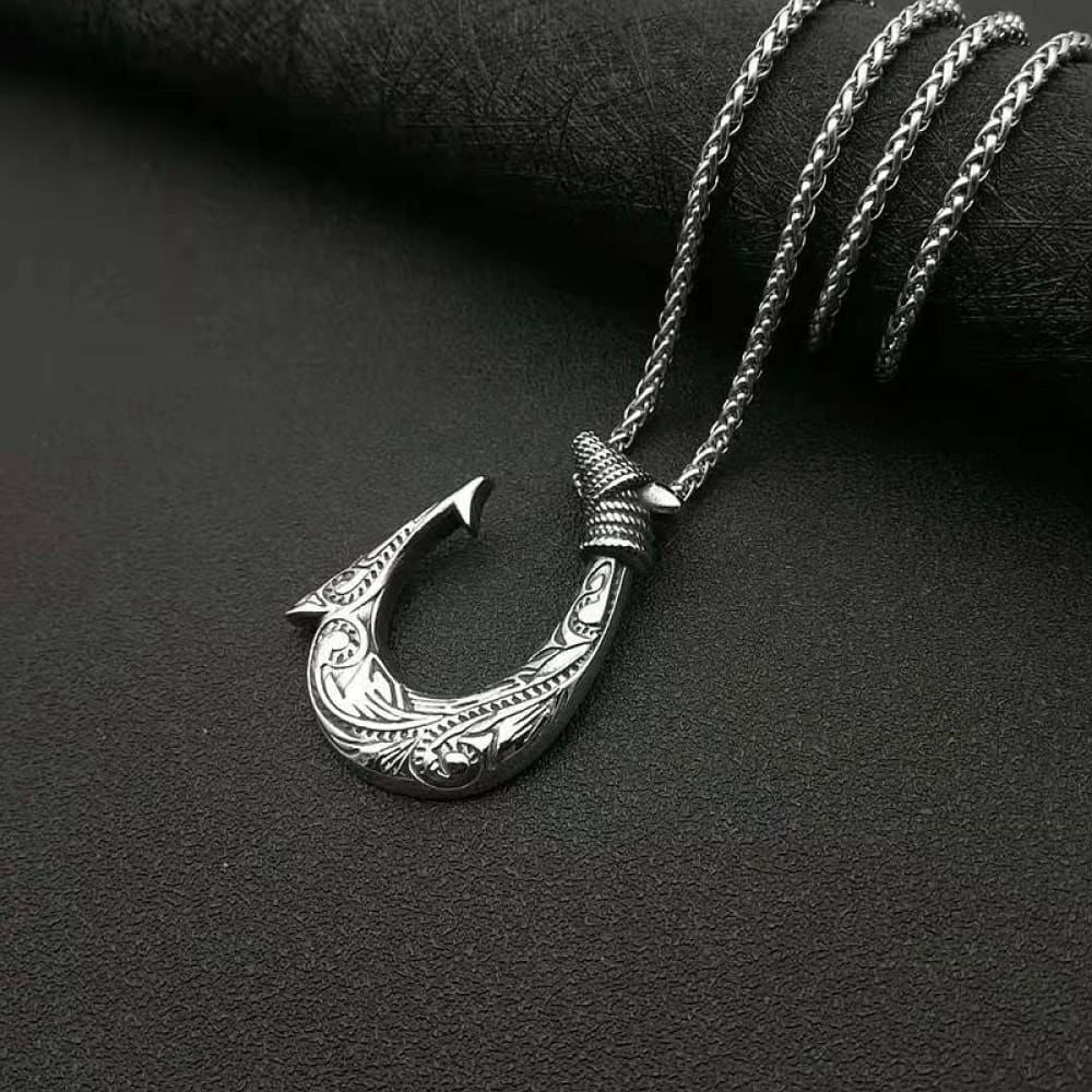 Pirate silver chain necklace featuring a fishhook adorned with