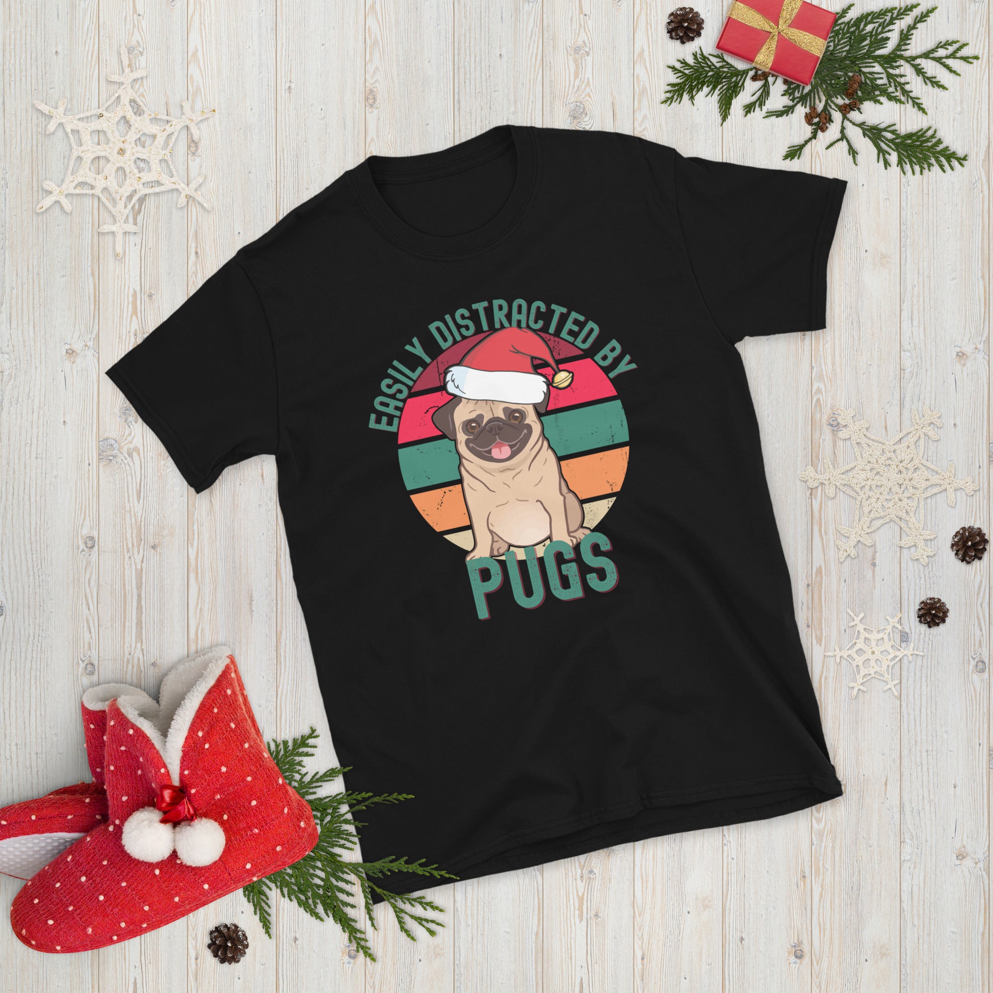 Easily Distracted by Pugs, Christmas Pug T Shirt, Funny Pug Shirt, Xmas Pajama Gift Shirt for Dog Owners, Santa Pug Shirt, Cute Pug Tee - Madeinsea©