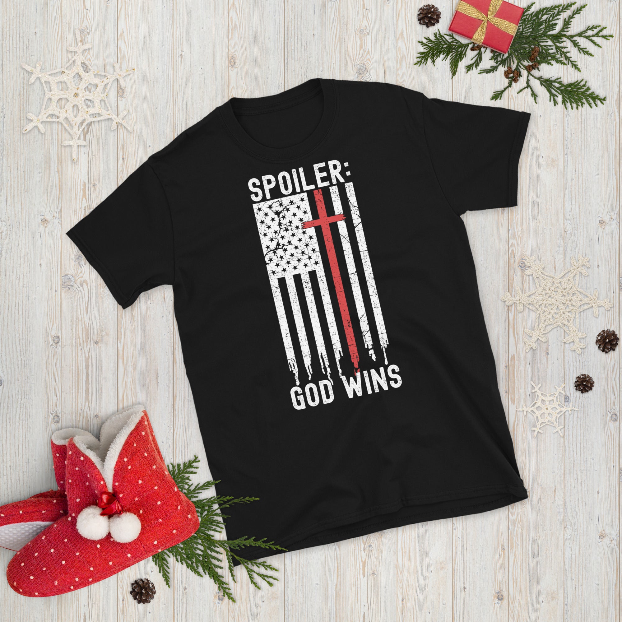 Funny Christian Shirt, Spoiler God Wins, Religious TShirt, American Patriot God Shirt, Patriotic Cross T Shirt, Funny God Shirt, USA Flag - Madeinsea©