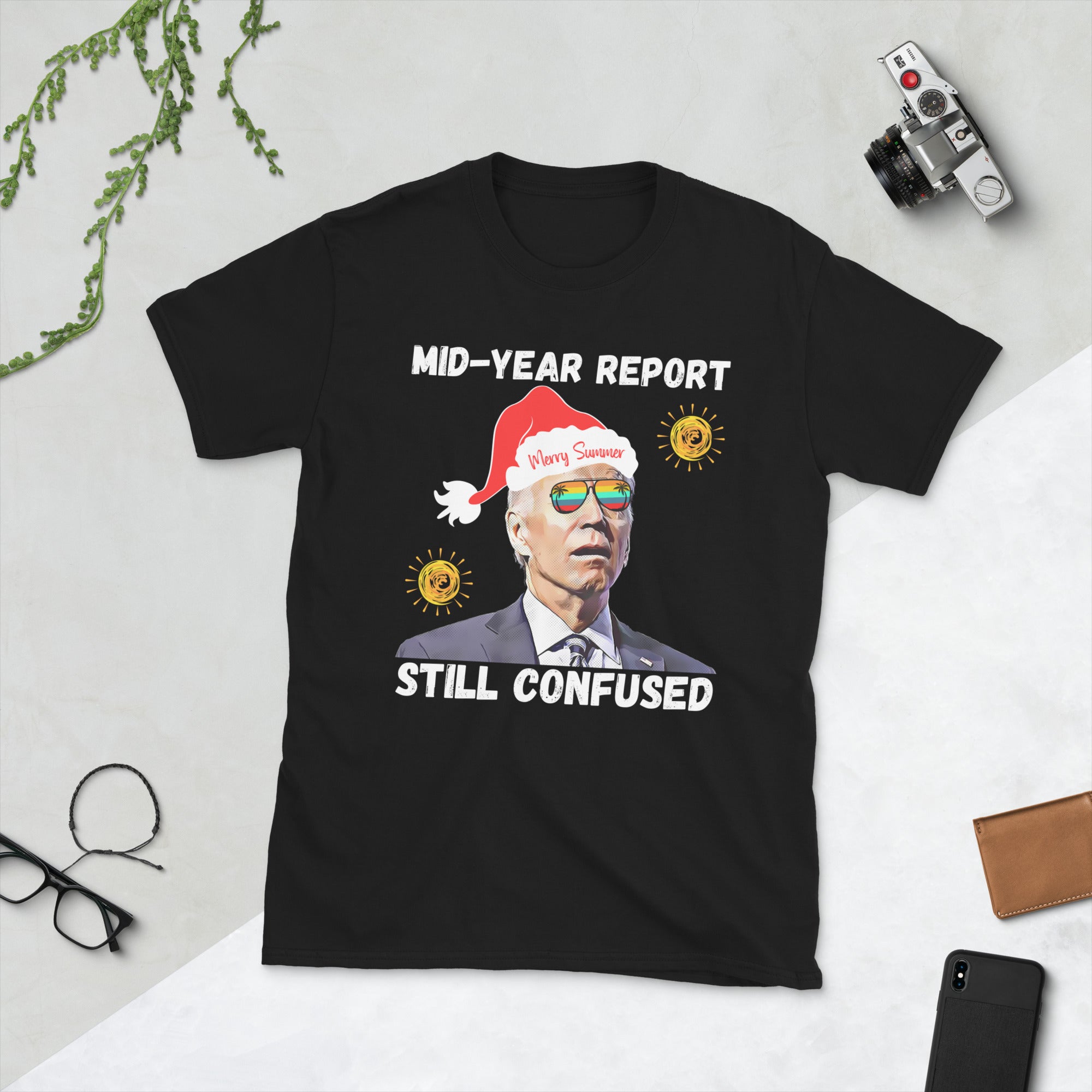 Christmas In July Biden Tshirt, Mid Year Report Still Confused, Summer Holiday Shirt, Mid Year Report Funny Santa Biden Tee, Republican Gift