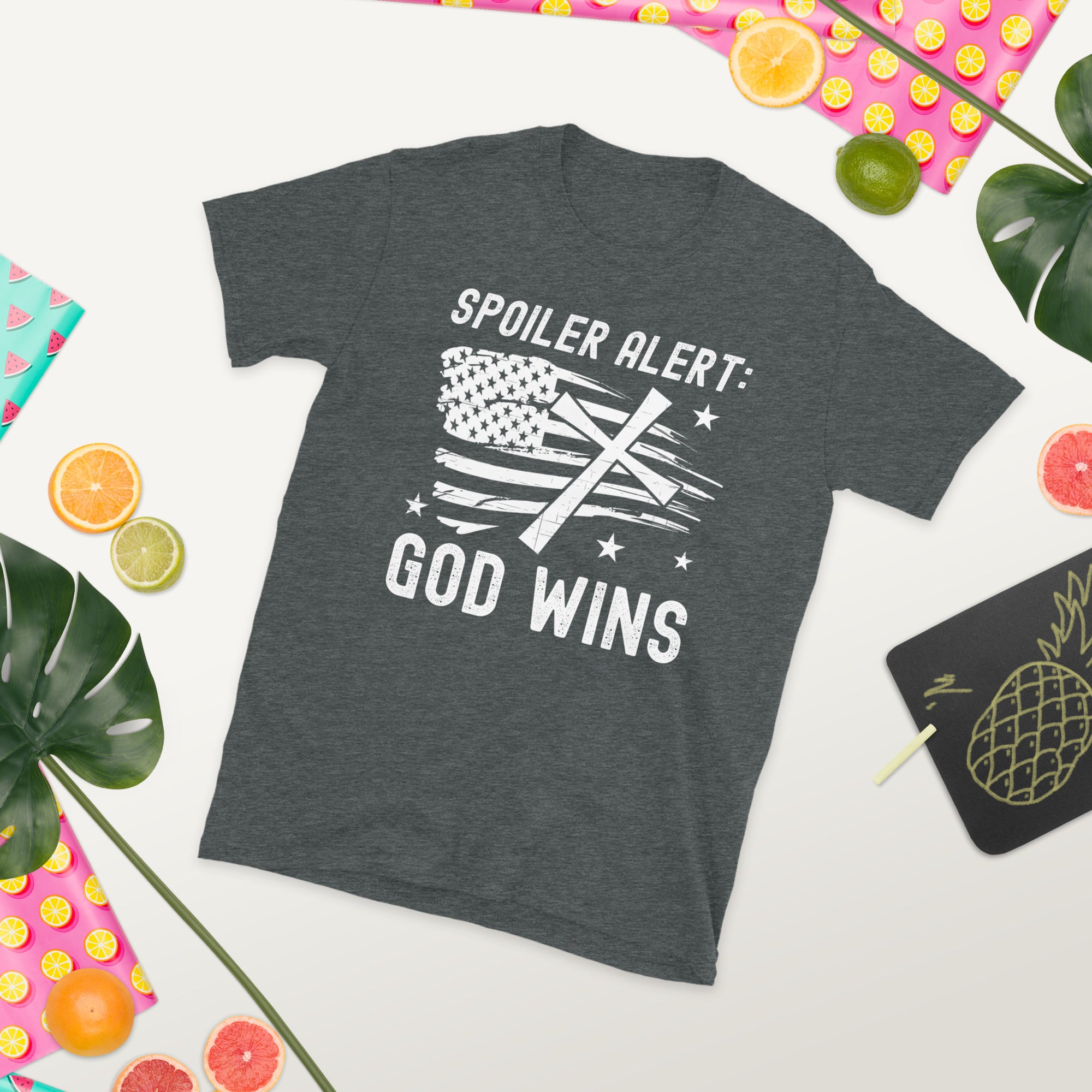 Spoiler God Wins Shirt, Funny Christian Shirt, Religious TShirt, American Flag, Church Shirt, Funny God Shirts, Christian Gifts, Faith Tee - Madeinsea©