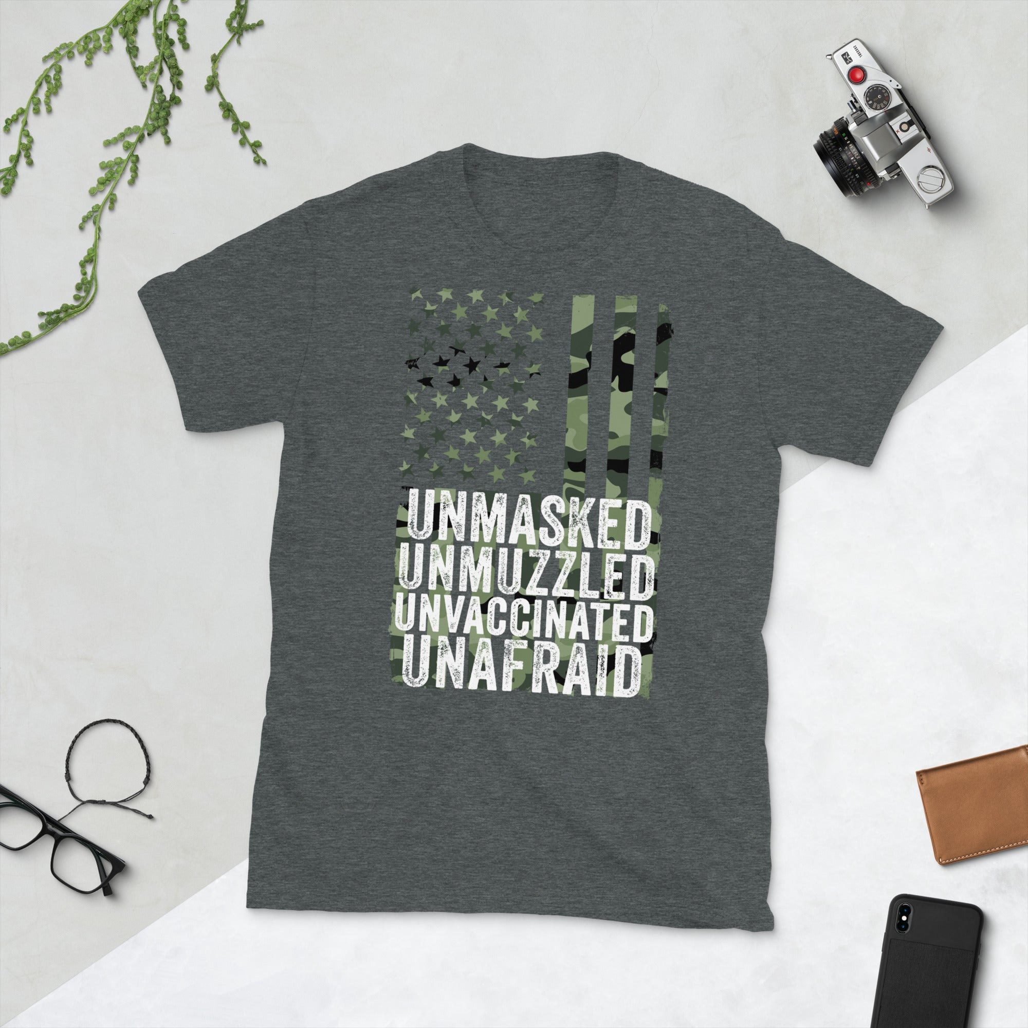 Unmasked Unmuzzled Unvaccinated Unafraid Shirt, Antimask Shirt, Freedom Shirt, Unafraid Shirt, USA Military Camo Flag T Shirt, Patriotic Tee - Madeinsea©