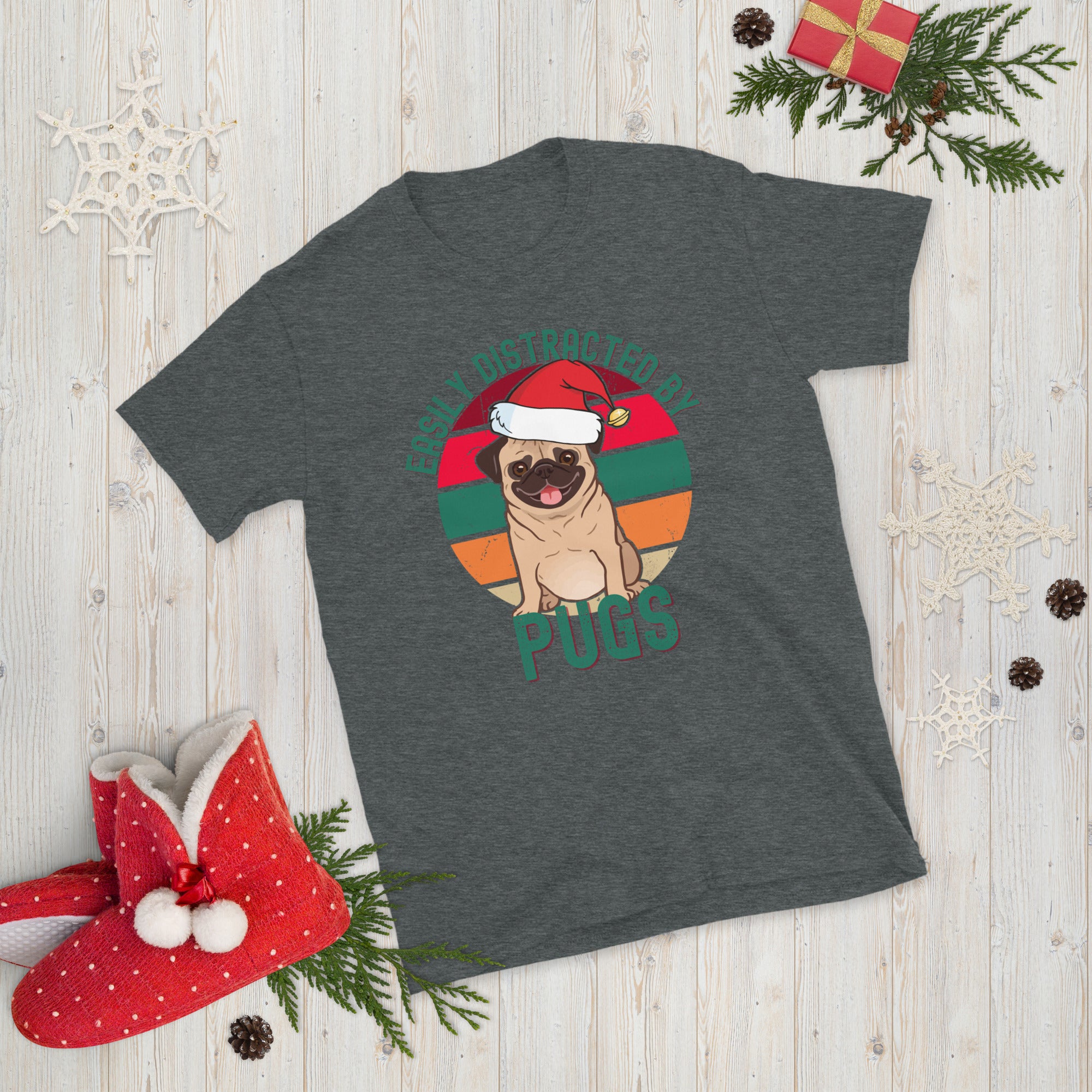 Easily Distracted by Pugs, Christmas Pug T Shirt, Funny Pug Shirt, Xmas Pajama Gift Shirt for Dog Owners, Santa Pug Shirt, Cute Pug Tee