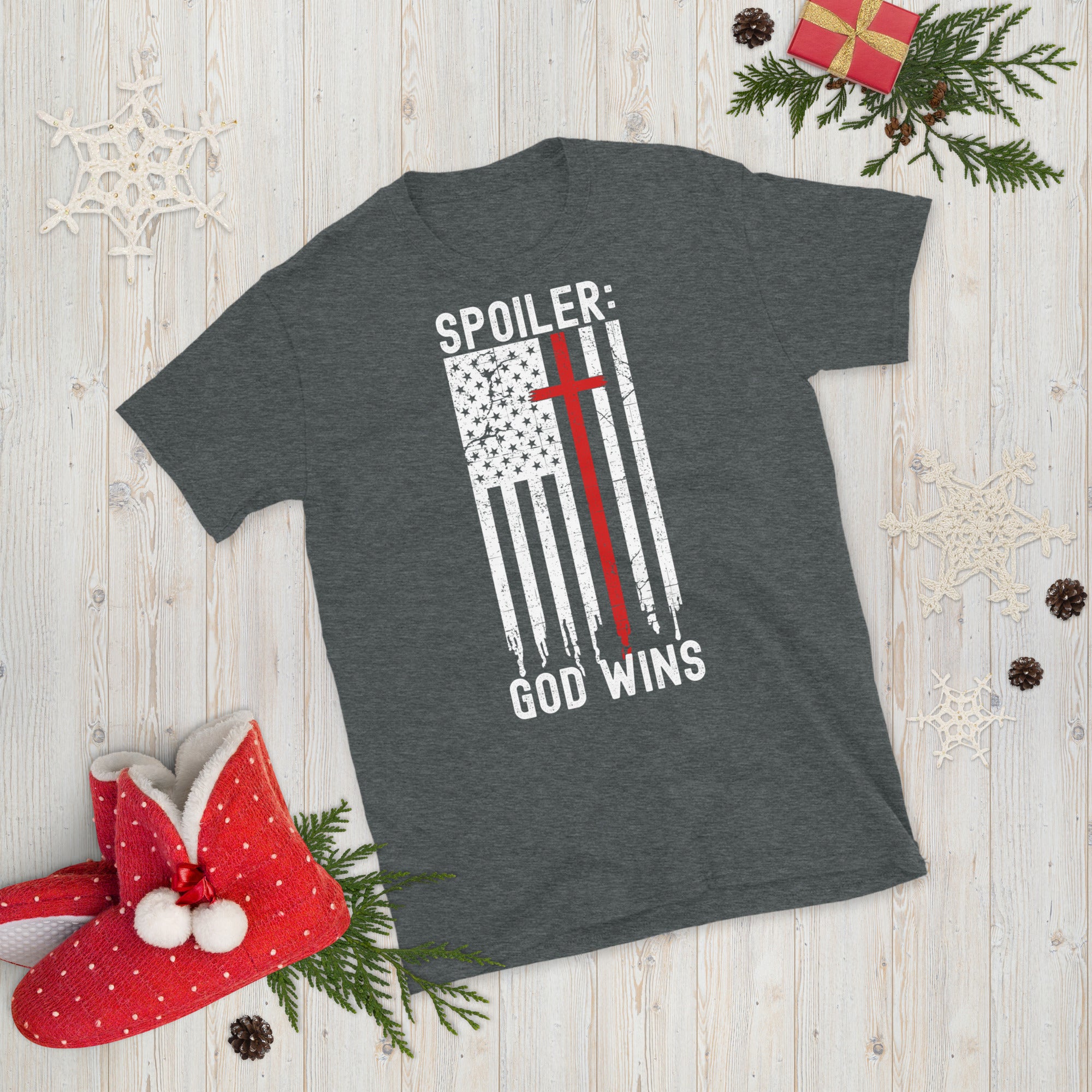 Funny Christian Shirt, Spoiler God Wins, Religious TShirt, American Patriot God Shirt, Patriotic Cross T Shirt, Funny God Shirt, USA Flag - Madeinsea©