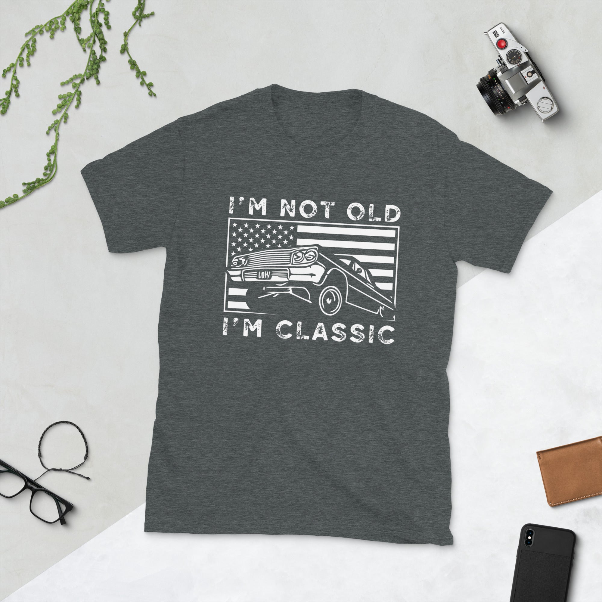 I&#39;m Not Old I&#39;m Classic Shirt, Vintage Funny Car Lover Tshirt, Gifts for Dad Grandpa Husband, Car Mechanic Shirt, American Flag Muscle Car