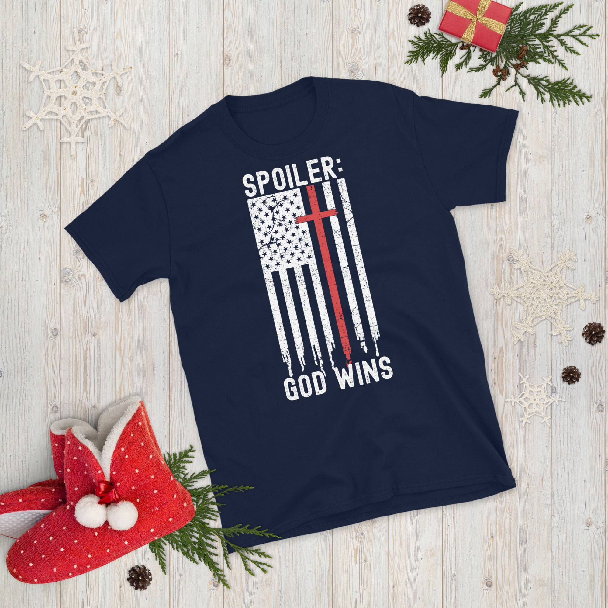 Funny Christian Shirt, Spoiler God Wins, Religious TShirt, American Patriot God Shirt, Patriotic Cross T Shirt, Funny God Shirt, USA Flag - Madeinsea©