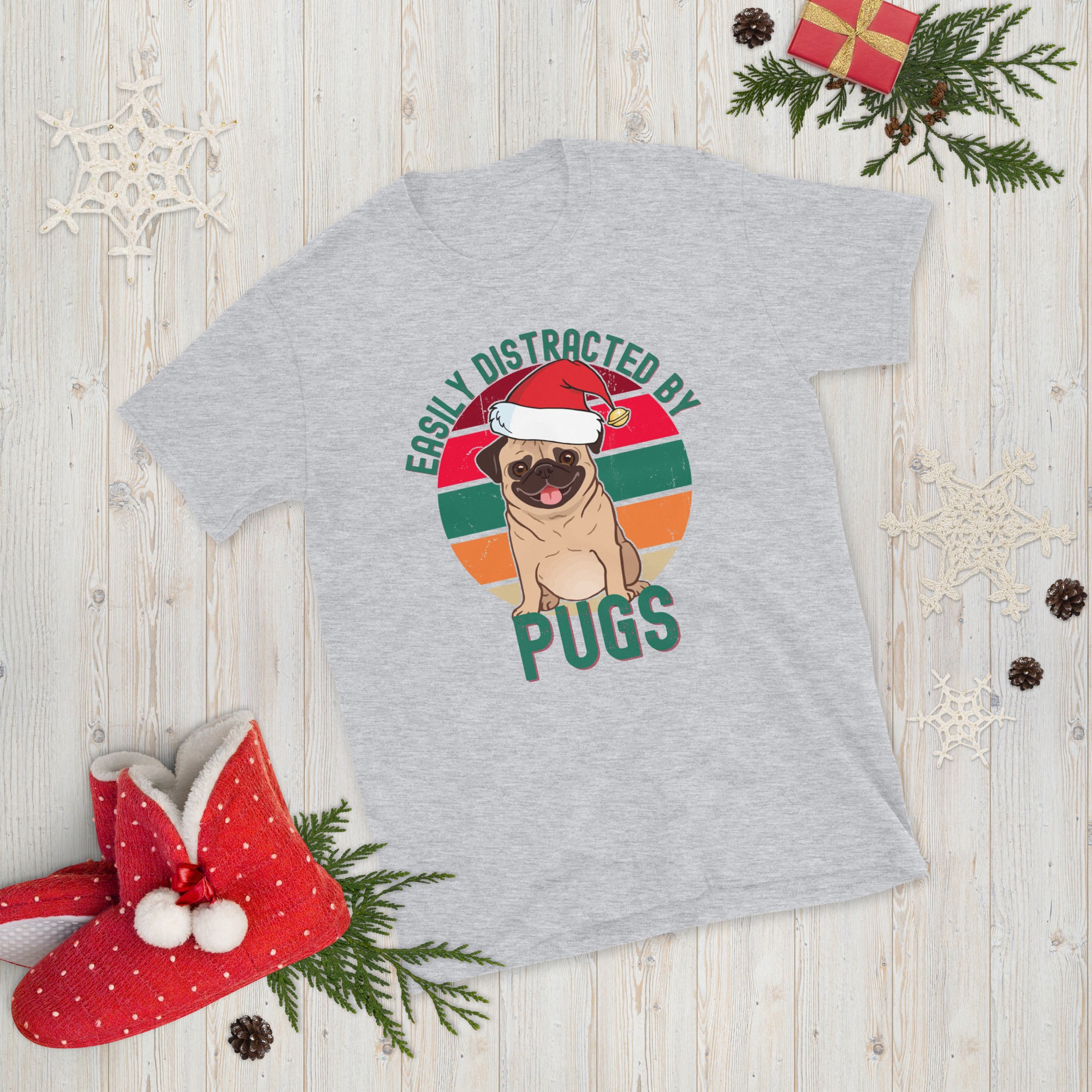 Easily Distracted by Pugs, Christmas Pug T Shirt, Funny Pug Shirt, Xmas Pajama Gift Shirt for Dog Owners, Santa Pug Shirt, Cute Pug Tee