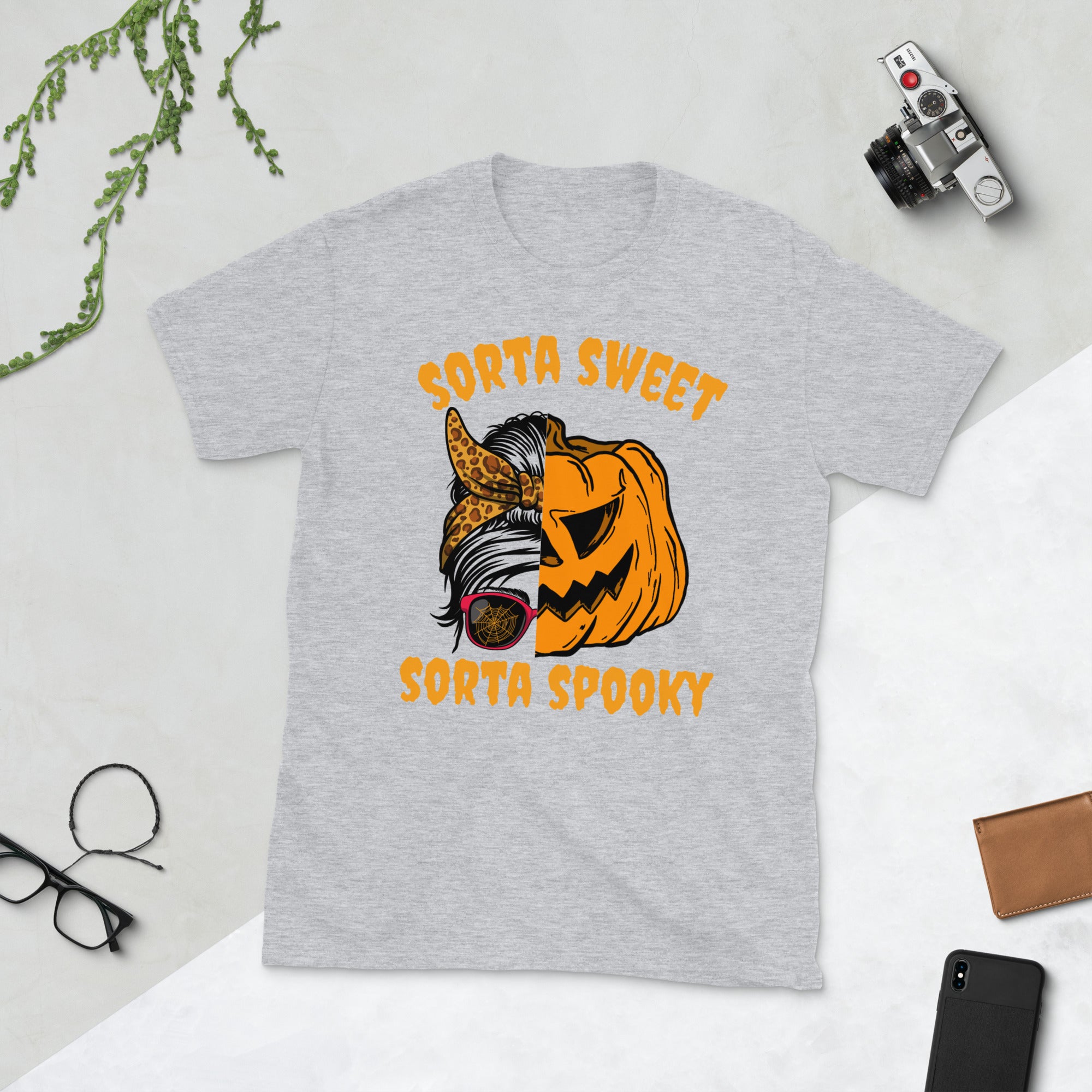Sorta Sweet Sorta Spooky, Messy Bun Halloween Costume Shirt, Pumpkin Shirt, Spooky Season Shirt, Funny Halloween Gifts, Leopard Print Tee - Madeinsea©