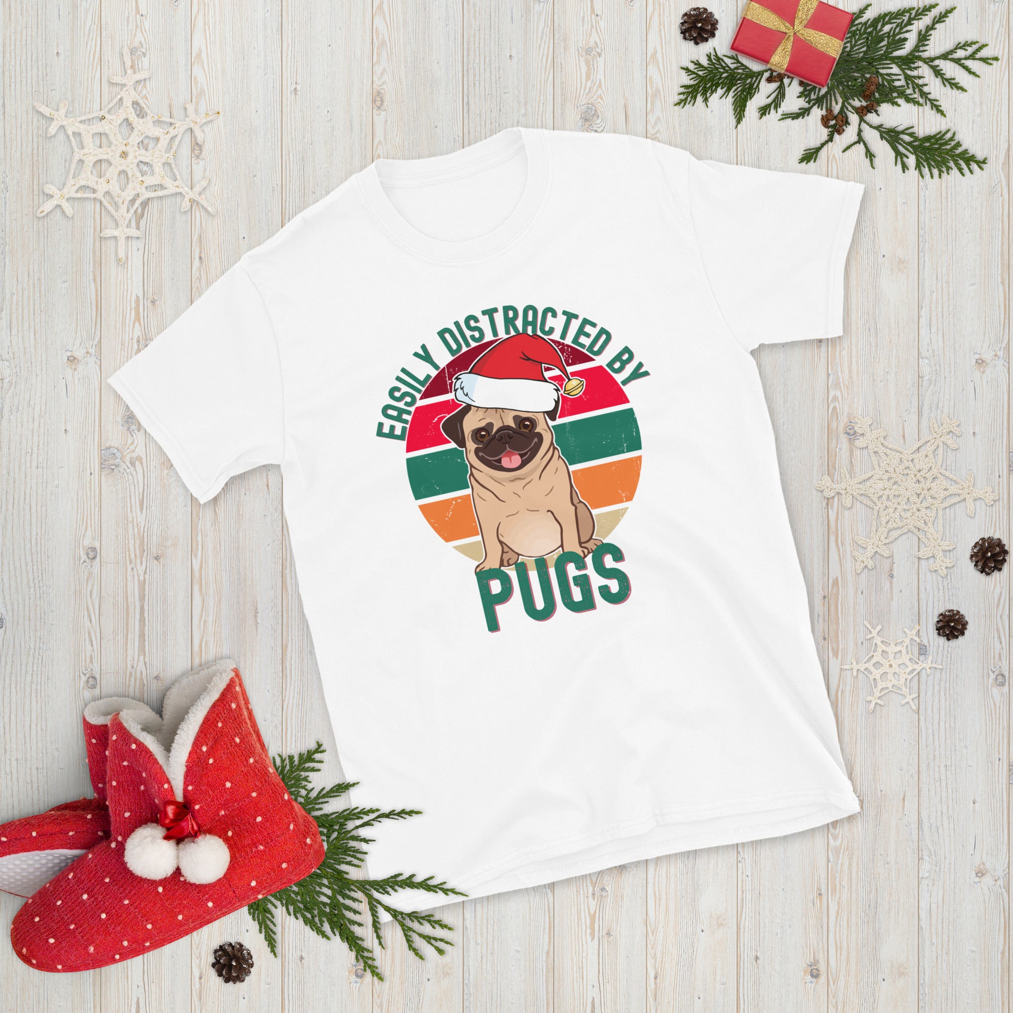 Easily Distracted by Pugs, Christmas Pug T Shirt, Funny Pug Shirt, Xmas Pajama Gift Shirt for Dog Owners, Santa Pug Shirt, Cute Pug Tee