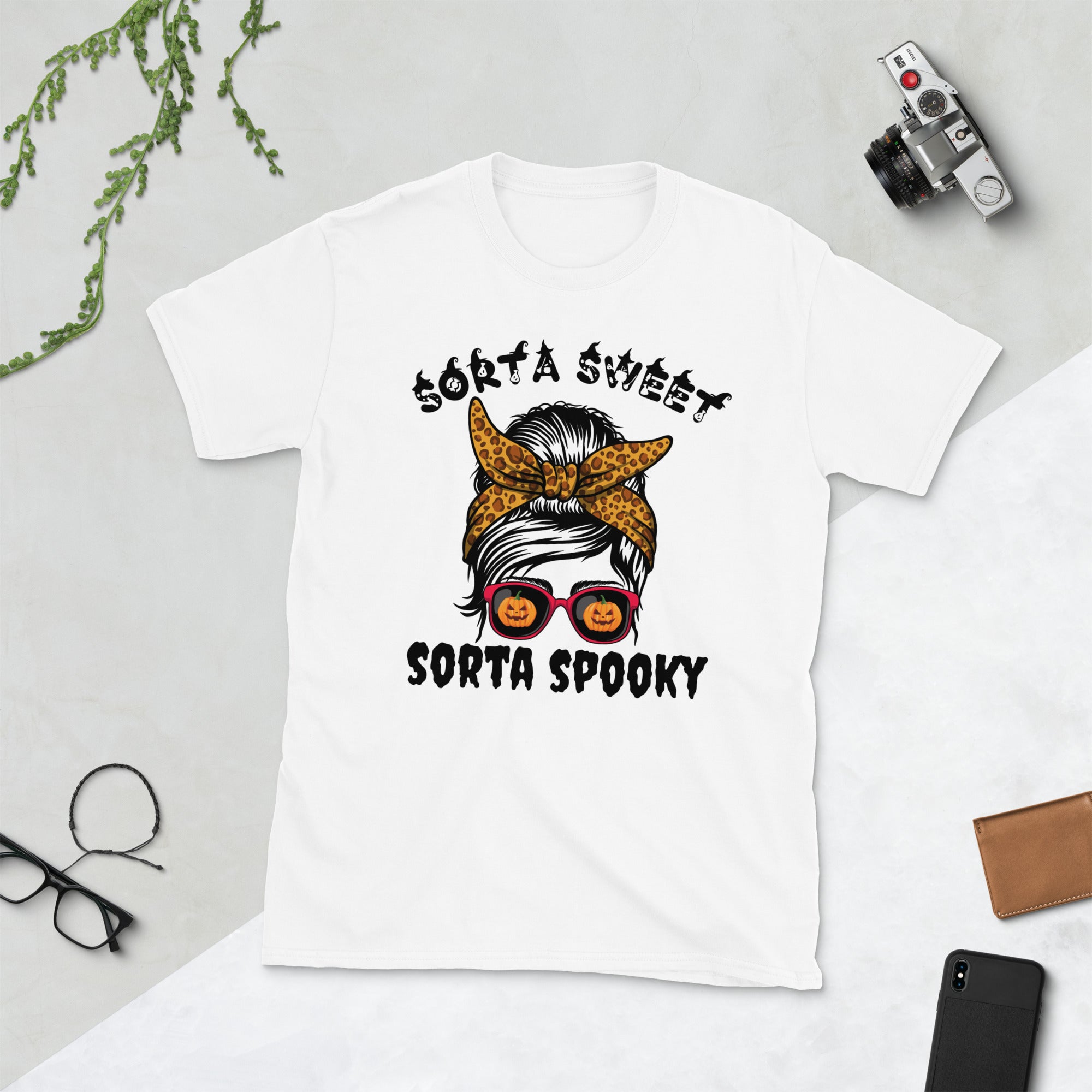 Sorta Sweet Sorta Spooky, Messy Bun Halloween Costume Shirt, Pumpkin Shirt, Spooky Season Shirt, Funny Halloween Gifts, Leopard Print Tee
