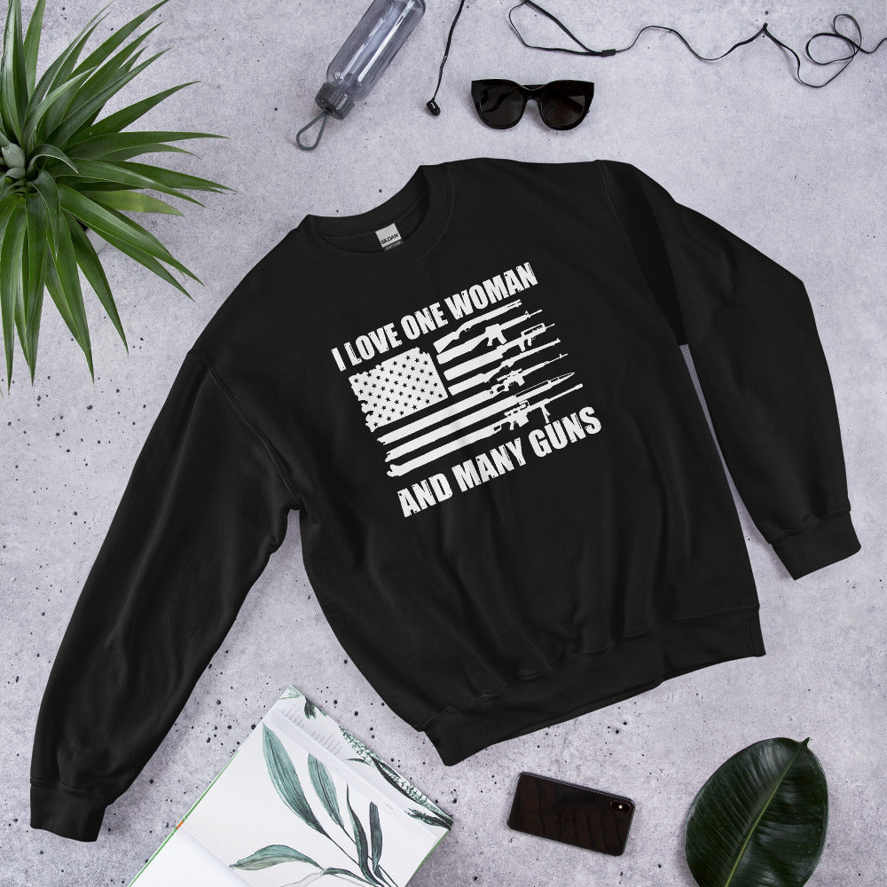 I Love One Woman and Many Guns Sweatshirt, Funny Patriotic Shirt, Gun Flag Sweater, 2nd Amendment Sweatshirt, American Flag Sweater, 2A Gift - Madeinsea©