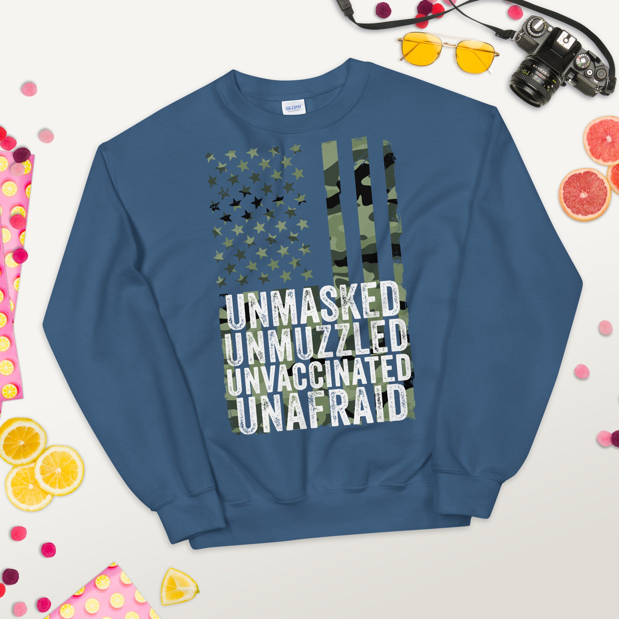 Unmasked Unmuzzled Unvaccinated Unafraid, Antimask Sweater, Freedom Sweater, Unafraid Sweatshirt, US Military Camo Flag Patriotic Sweatshirt - Madeinsea©