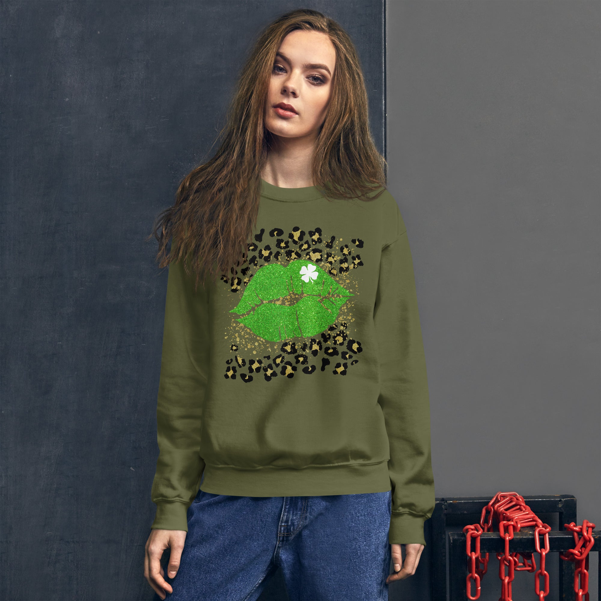St Patricks Lips Sweatshirt, St Patrick&#39;s Day Sweater, Lucky Shirt, Shamrock Sweatshirt, Leopard Print, 4 Clover Leaf Sweatshirt, Women Gift - Madeinsea©
