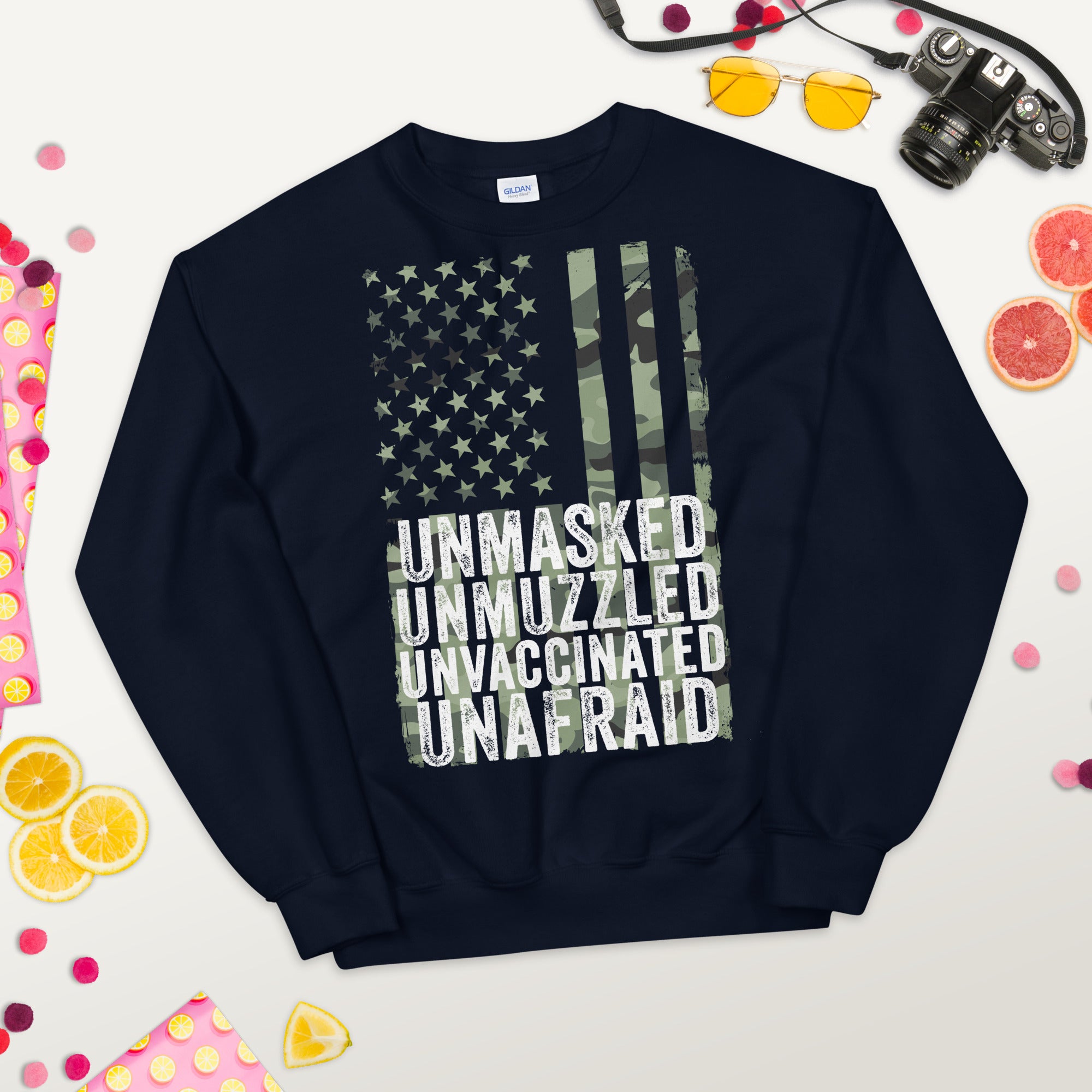 Unmasked Unmuzzled Unvaccinated Unafraid, Antimask Sweater, Freedom Sweater, Unafraid Sweatshirt, US Military Camo Flag Patriotic Sweatshirt - Madeinsea©